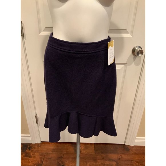 Prada Navy Blue Boiled Wool Straight Skirt w/ Ruffle Hem, Size